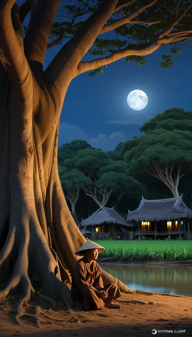 A serene night scene of Thang Cuoi, a Vietnamese farmer, sitting under an ancient banyan tree. He is wearing a traditional conical hat and a simple brown tunic. A gentle breeze rustles through the leaves, and a full moon casts its soft glow over the peaceful village. Detailed, digital painting, Studio Ghibli style, Vietnamese folklore. Cinematic light, high detail, 8K, artstation, artistic concept, any virtual darkness. Photo taken with Canon EOS R5 85mm f/11 camera, mode ((sharp)) of people and surroundings. Image quality ((8K)), ((realistic)), ((masterpiece)), ((sharpest and highest contrast)), ((excellent depth of field)), ((stereoscopic light)), ((angry, fierce)), detailed pore defect, ((Direct light on face)), bright sunlight.