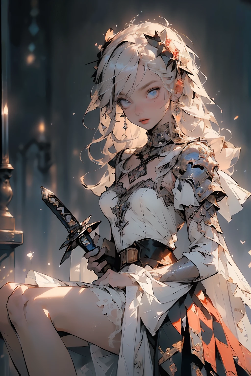 (((masterpiece, of the highest quality, super detailed))), (a female knight of an occult order), (an occult saint), (combat pose), (ready for combat), (resolved expression), (resolute expression), (((holding a sword with a digital-glitch-like blade as though it is rapidly flickering in and out of reality))) ((glitch sword)), ((glitching sword blade)), (nier: automata), Edwardian/Victorian era inspired, ((minimal but intricate beautiful armour)), ((Fluttering lace flared dress with frilly petticoats)), ((((Highly detailed face))), (((Very sharp focused eyes))), very long eyelashes, (small breasts), (((flat chest:1.1))), occult aesthetic, (red and white clothing detailed and intricate steampunk and detailed gothic), (with a hood), complex lace boots, (full body)