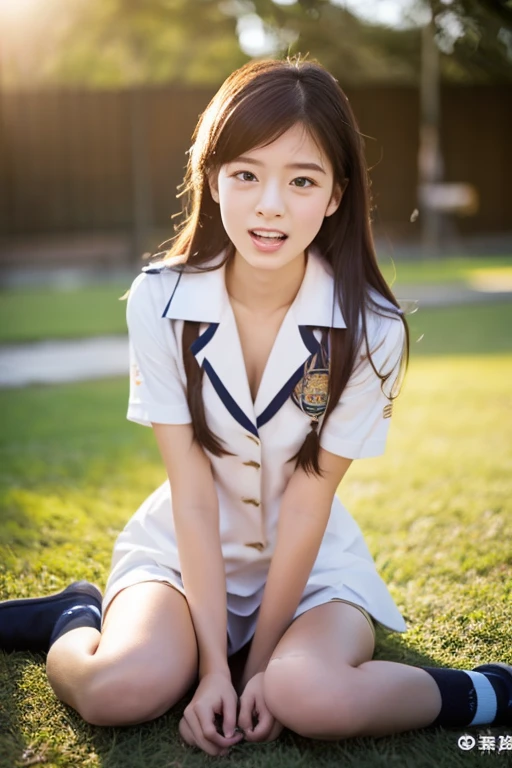 lens: 135mm f1.8,(Highest quality),(Tabletop:1.1), (Cute Japanese junior high school girl),  (Moisturized lips), Narrow eyes, double eyelid,Delicate clavicle,Flat Chest,Shortcuts,
 (Let me me me me&#39;Let me me me&#39;Let me me&#39;Let me&#39;Let&#39;s take another look), (close:1.4),  shame, A faint smile,
(Spotted sunlight:1.2), Professional bright lighting, 
(Uniforms and nudity), (Sunburned skin:0.2),Full body photo、Full Body Focus、Sit on the floor with your legs open、Completely naked、((Ecstasy face))、Crying face