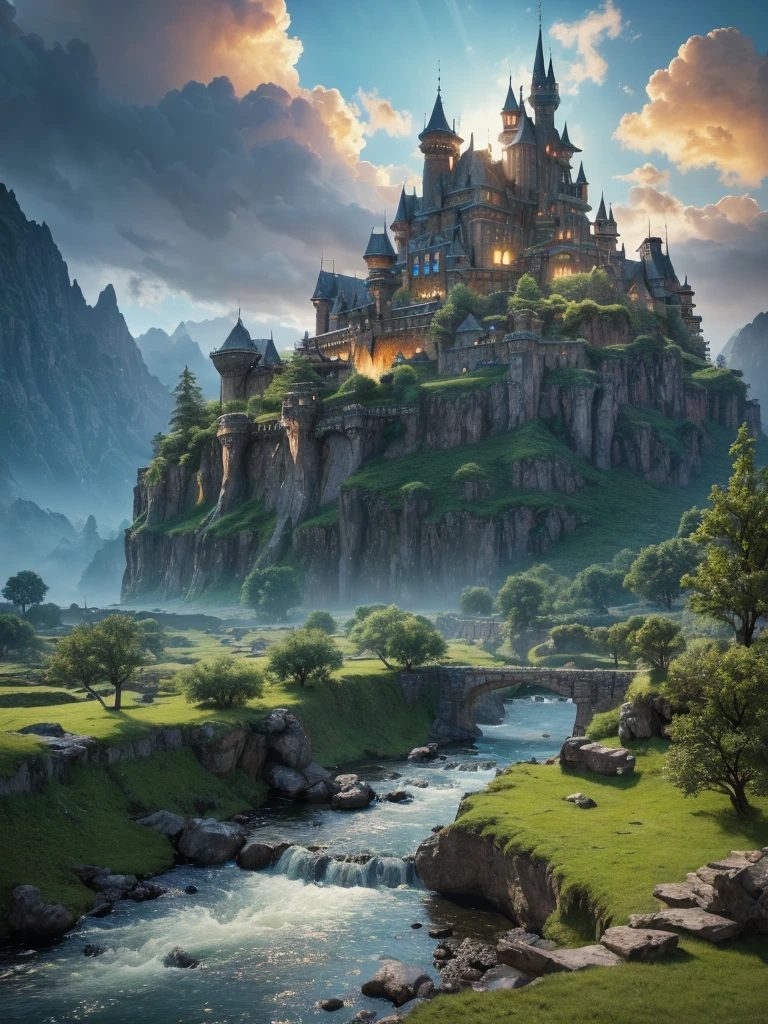 DragonQuestⅣ,ミネア,detailed fantasy landscape,detailed ancient medieval castle,detailed fantasy architecture,detailed lush green forest,detailed fantasy mountains,detailed fantasy river,detailed fantasy clouds,detailed fantasy sky,detailed fantasy lighting,detailed fantasy atmosphere,detailed fantasy vegetation,detailed fantasy creatures,detailed fantasy details,(best quality,4k,8k,highres,masterpiece:1.2),ultra-detailed,(realistic,photorealistic,photo-realistic:1.37),fantasy art,concept art,cinematic lighting,vivid colors,dramatic lighting