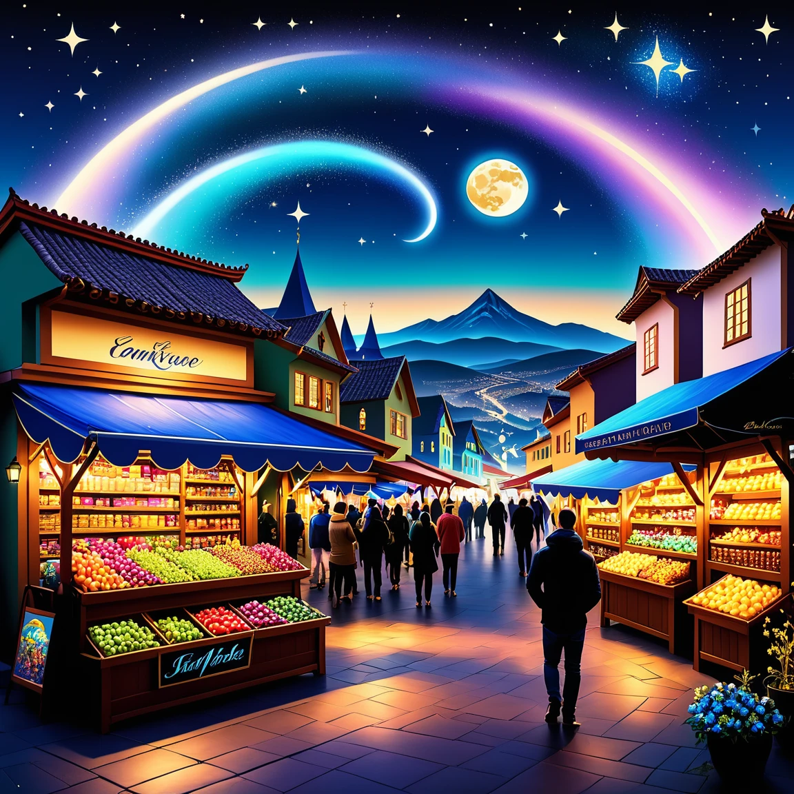 Estilo Graffiti Um Vibrante, colorful illustration of a busy fantasy market, with intricate details and dynamic lighting inspired by Tyler Edlin's style Design a Thomas Kinkade-inspired garden with a cozy cotmarkinge A Vibrant, swirling representation of a starry night sky over a peaceful village, inspired by 'the starry night' de Vincent van Gogh . streetart, Vibrant, Urban, detailded, marking, mural