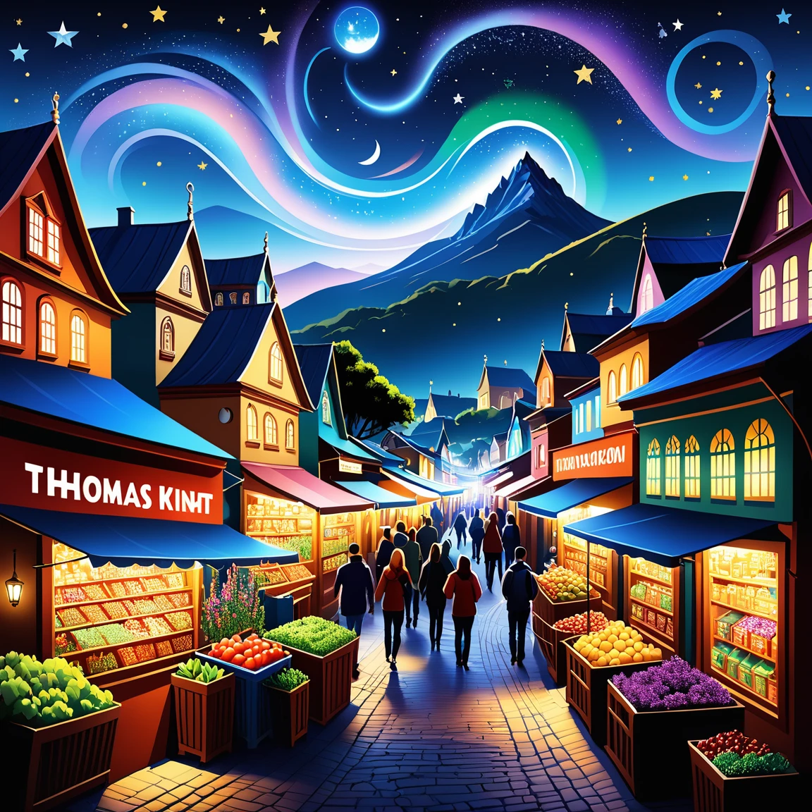 Estilo Graffiti Um Vibrante, colorful illustration of a busy fantasy market, with intricate details and dynamic lighting inspired by Tyler Edlin's style Design a Thomas Kinkade-inspired garden with a cozy cotmarkinge A Vibrant, swirling representation of a starry night sky over a peaceful village, inspired by 'the starry night' de Vincent van Gogh . streetart, Vibrant, Urban, detailded, marking, mural