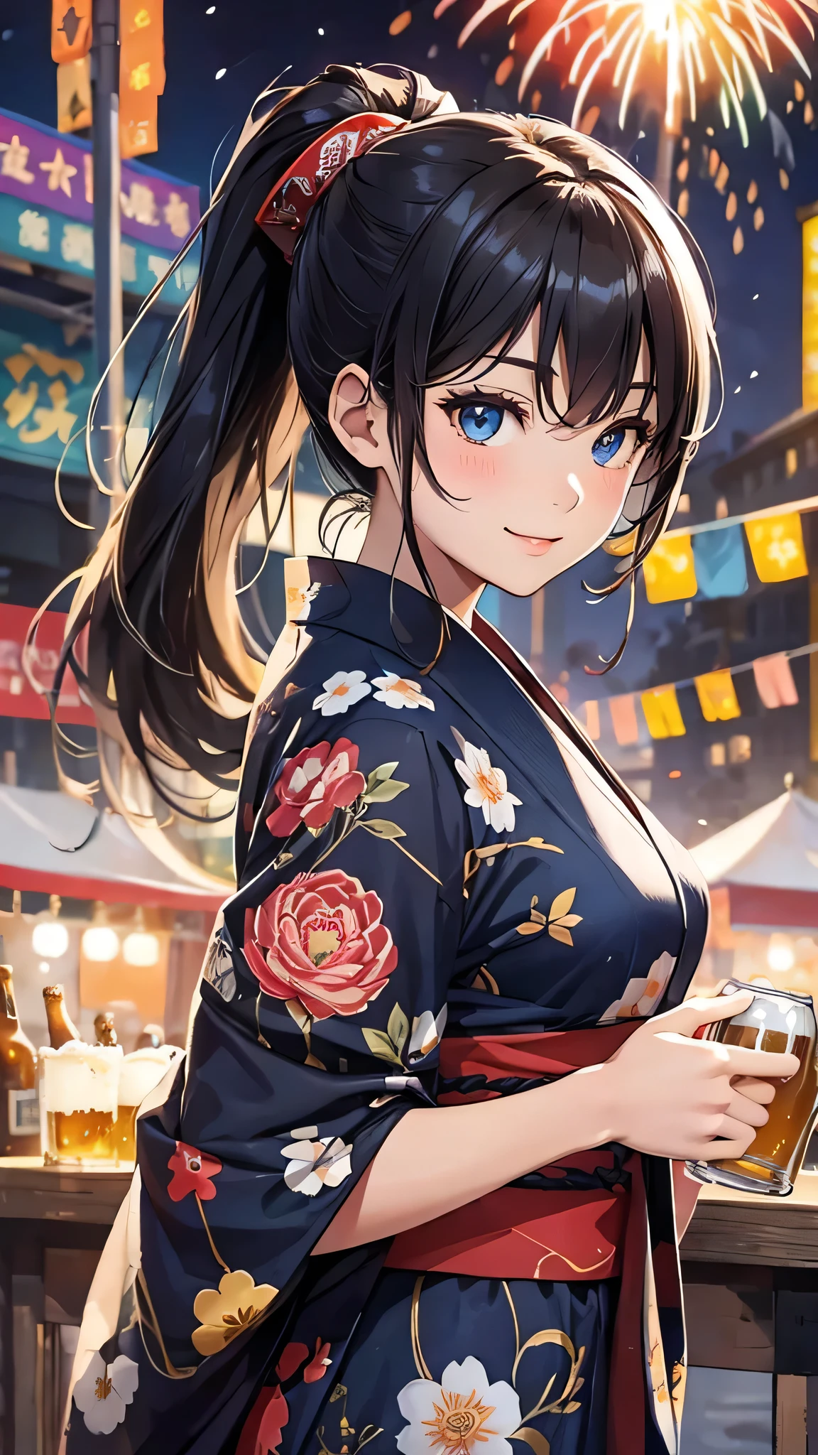 最high quality、Best image quality、masterpiece、With a girl((cute、20-year-old、Best Bust、Medium Bust、Beautiful Blue Eyes、Spread your chest wide,Black Hair、ponytail、Disheveled Hair、thin、Highest Valley、Red yukata、smile、Beer を持つ、Drunk))high quality、Beautiful art、background((night、festival、stall、Fireworks、Beer )),Tabletop、Exquisite design、Visual Arts、Written boundary depth、Best lighting、Highest detail、8k