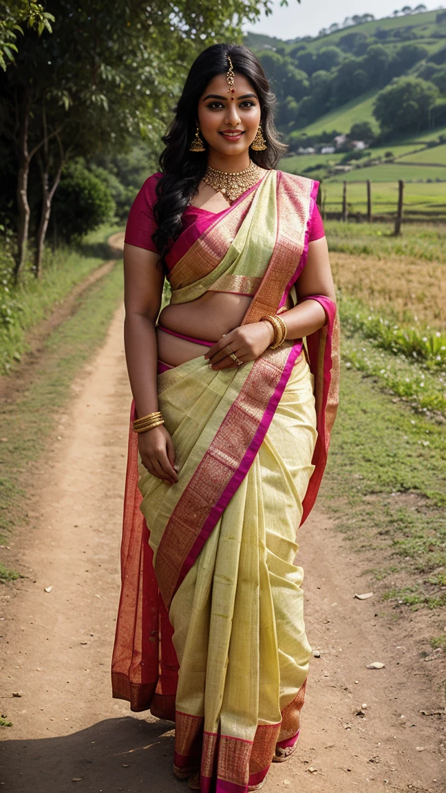 Create an image of a stunning plus-size Indian woman standing gracefully in a rural setting. She is wearing a vibrant saree of a different color, which drapes elegantly around her. Her jewelry, including large earrings and traditional accessories, highlights her beauty. She exudes confidence and warmth, with a serene smile and expressive eyes. The background should feature a picturesque village scene with lush greenery and a calm atmosphere, capturing the beauty of both the woman and the rural environment."