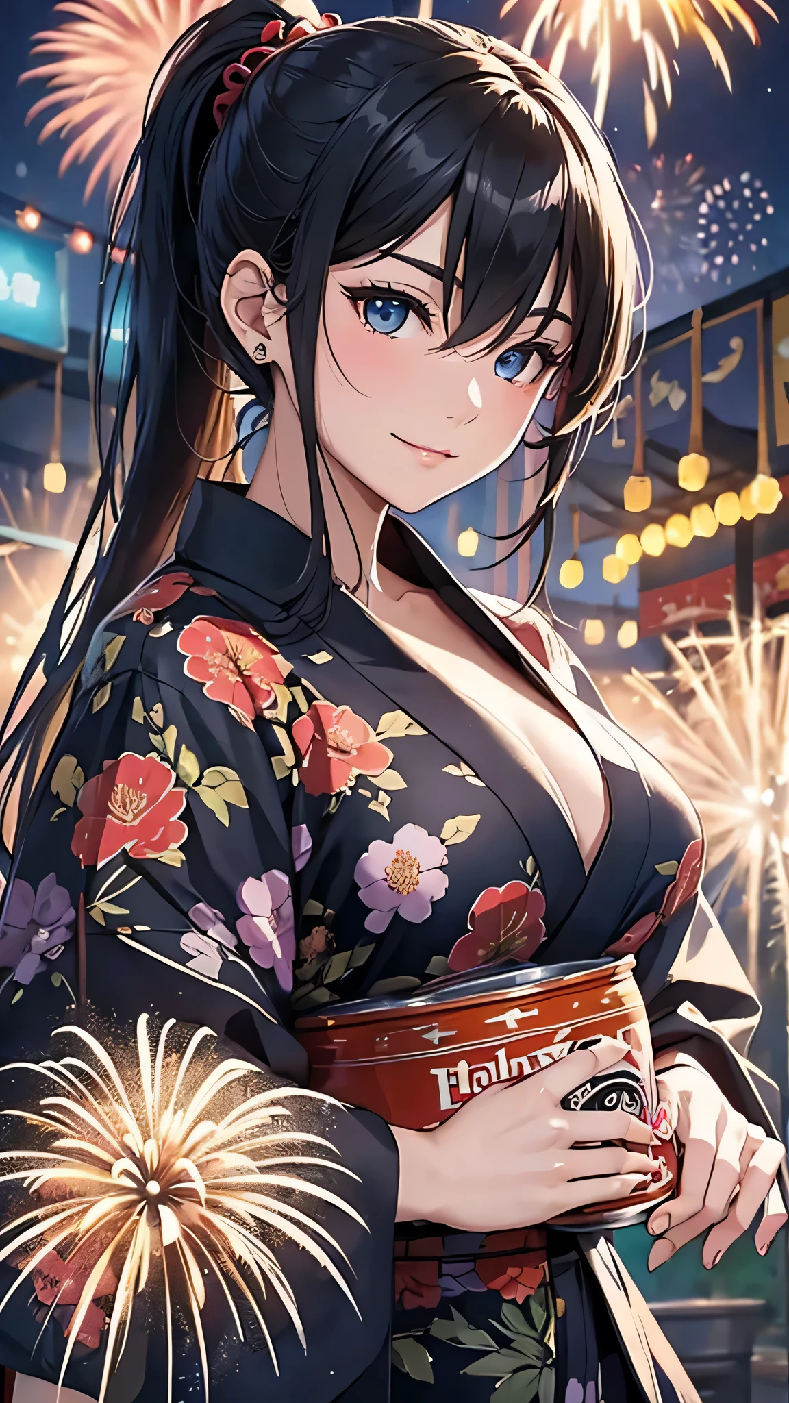 最high quality、Best image quality、masterpiece、With a girl((cute、20-year-old、Best Bust、Medium Bust、Beautiful Blue Eyes、Spread your chest wide,Black Hair、ponytail、Disheveled Hair、thin、Highest Valley、Red yukata、smile、Beer を持つ、Drunk)）high quality、Beautiful art、background((night、festival、stall、Fireworks、Beer )),Tabletop、Exquisite design、Visual Arts、Written boundary depth、Best lighting、Highest detail、8ｋ