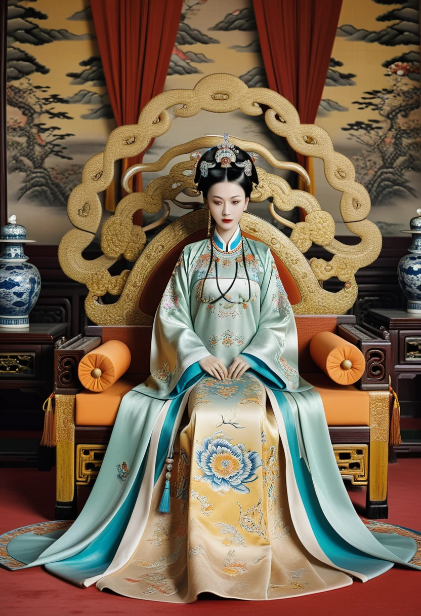 A gorgeous empress from the Chinese imperial court during the Qing Dynasty。The gorgeous empress of the Chinese court、Sitting on a big golden sofa、She is standing naked and groined with her hair tied on either side.。Kinky and erotic woman wearing a crown and tying her hair。, The background is the luxurious room of the empress in the Chinese imperial court during the Qing Dynasty.