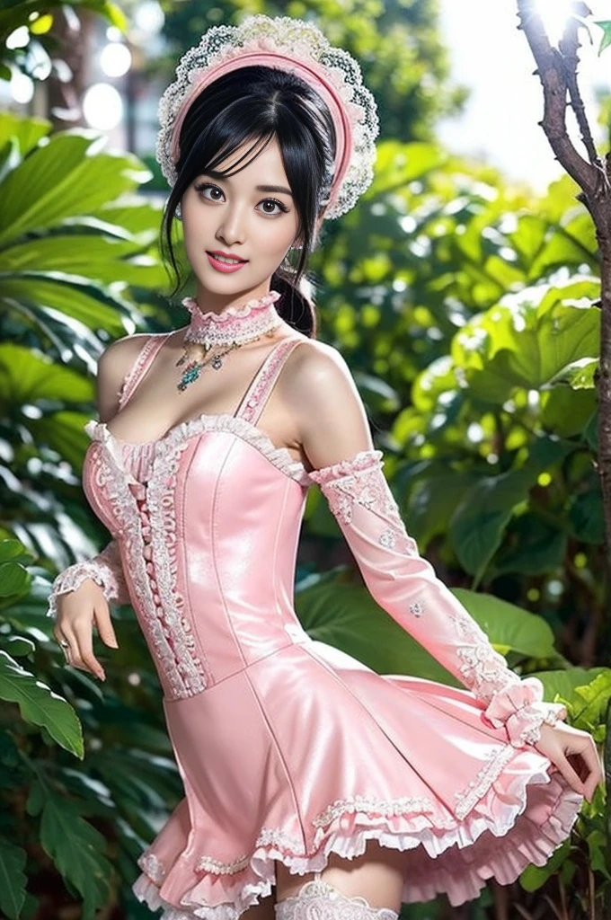 (nsfw), sexy stylish Thai model, only 1 female, ((doll-like appearance)), short Auburn stylish hair, ((shiny Victorian-Style boots)), (big smile), ultra detailed eyes, vivid eye makeup, lipgloss, long lashes, defined eyebrows, ((sexy Paradise Kiss cosplay)), bell-shaped skirt, petticoats, high neckline, puffed sleeves, ((ultra detailed lace)), ((ultra detailed embroidery)), intricate details, Paradise Kiss accessoires and matching headpiece, choker, ((large sparkling Paradise Kiss jewelry)), cinematic light, detailed large park background with trees