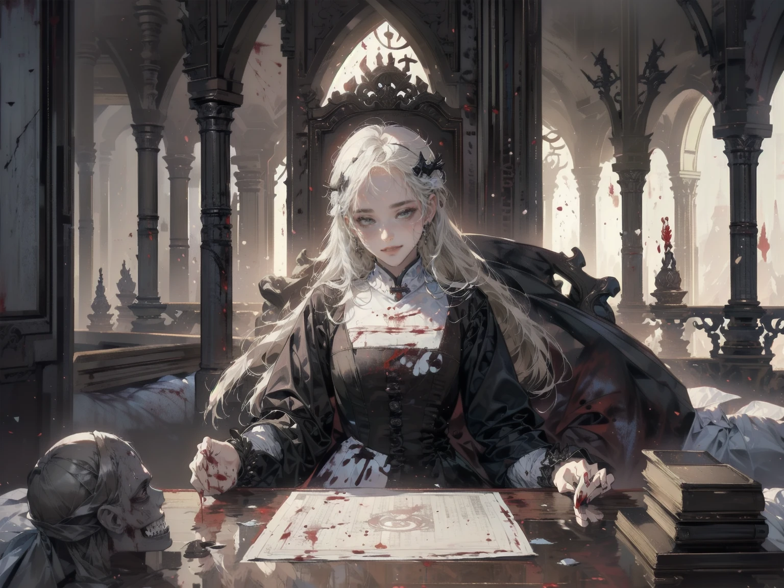 Gothic architecture、Western architecture、Fantasy World、,Victorian cities, Skeleton Gas Light,Absurd, High resolution、 ((Tabletop)), ((Highest quality)), (Very detailedな), ((Very detailed)), (beautiful), ((pretty girl)), (NFSW:1.8), alone,(:1.6)、(world&#39;The most terrifying and creepy demon girl:1.5)beautiful face、Whole Body Ezbian、pale, Beautiful Skin、beautiful金の髪、Smiling Kindly、Dark building ruins、(snow white&#39;Frill dress:1.3)、(The dark ruins are stained with blood:1.3)、Low angle full body shot、(少女は血の海の中にAre standing:1.5)、(The ground is full of blood:1.3)、(The girl lost a lot of blood.,disaster々new devil horns,(Highest quality,4K,High resolution,masterpiece:1.2),Very detailed,Realistic:1.37,Spooky altar background,Dark fantasy,Red color scheme,Ominous atmosphere,Eye-catching,Storytelling,anatomy,Anime Style,Concept Art,beautiful細部までこだわった顔と (((Red eyes ))),A terrifying ritual ,Satanic Ritual,Premature death,inappropriate behavior,クレイジーなsmile,Scythe Face,Girl Monster, beautiful, Delicate facial features, Sharp Eye, Sharp Fangs, pale skin, Thick chain, Dark Background, Cinema Lighting, Dramatic Shadows, Gothic style, Gloomy atmosphere, Dark fantasy, One Girl, , Please open your mouth wide, Open your mouth and baring your teeth,Sharp teeth like a beast, Wide lips, very wide mouth, Vermilion cheeks, ,(Blood splatter:1.4),Scary smile, smile,Fallen angel design, Twisted smile、Bloody、bleeding from the head,,,,,、Blood splatter、,(Blood splatter:1.4),Crossbones, skull,Horror Style, ((Fantasy Fallen Angel Costume)), ((Flowing black hair)), ,(Blood splatter:1.4),Female curves, Sexy flat stomach, Perfect hands, Perfect anime face, ((White Lolita DressAre standing, ((邪悪なsmile)), ,(Blood splatter:1.4), Steam circulates, Moonlight Illumination, night lighting, disaster々新new devil horns,,(Blood splatter:1.6),アニメFallen angel design, Twisted smile、Bloody、bleeding from the head,,,,,、Blood splatter、,(Blood splatter:1.4),Crossbones, skull,Gothic architecture、Western architecture、Fantasy World、,Victorian cities, Skeleton Gas Light,Absurd, High resolution、 ((Tabletop)), ((Highest quality)), (Very detailedな), ((Very detailed)), (beautiful), ((pretty girl)), (NFSW:1.8), (world&#39;The most terrifying and creepy demon girl:1.5)beautiful face、Whole Body Ezbian、pale, beautiful肌、beautiful黒の髪、Smiling Kindly、Dark building ruins、(snow white&#39;Frill dress:1.3)、(The dark ruins are stained with blood:1.3)、Low angle full body shot、(クレイジーなsmile:1.6)、Spirits、(Blood dripping from the mouth:1.3)
