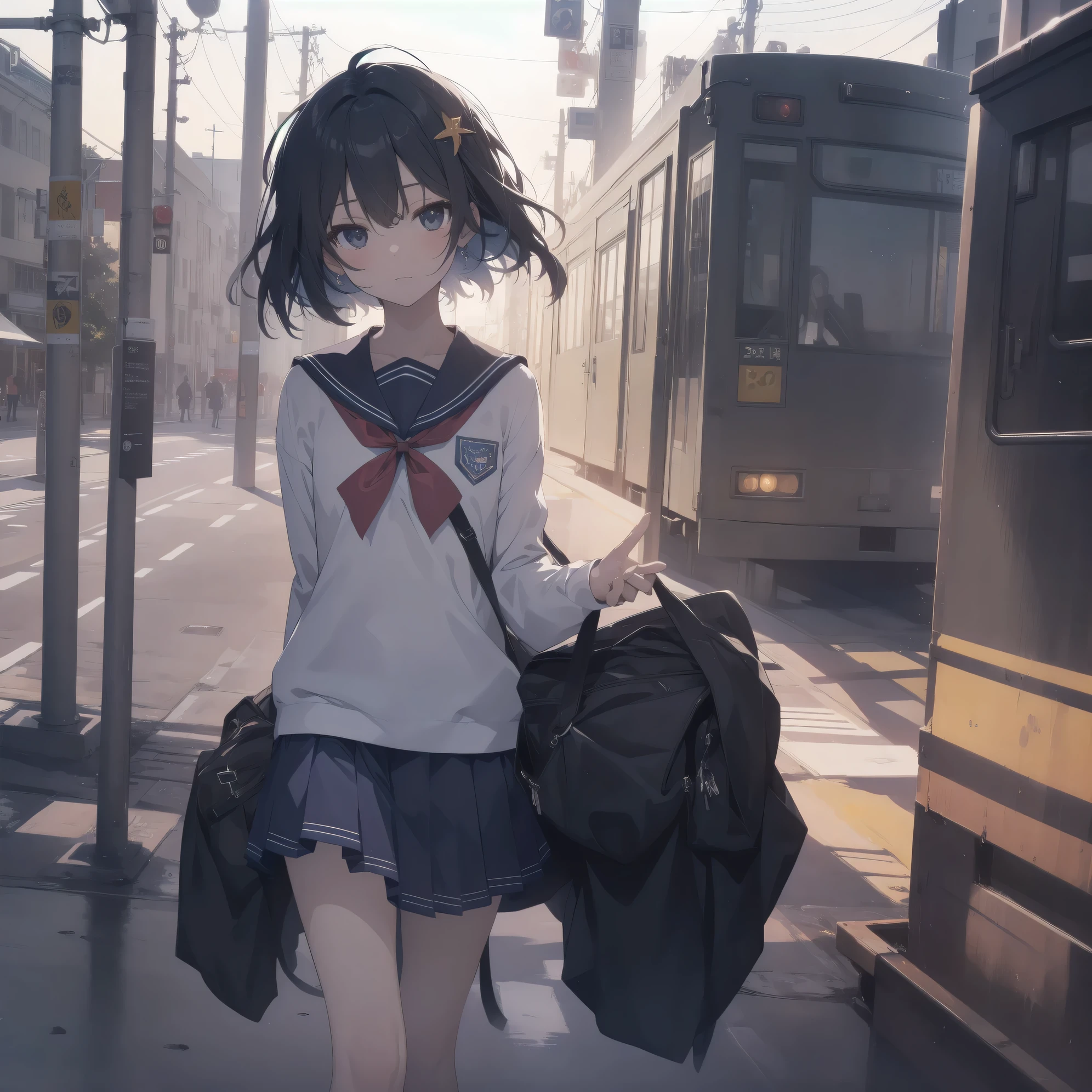 ultra-absurdres-Top quality by artist God, ultra-detailed, high resolution, anime moe artstyle, best anime 8k konachan wallpaper, pixiv contest winner, pool:2810, perfect anatomy,break, 1girl, (Please draw a girl walking sleepily to school alone. )break,(Solo,little female, 13-year-old:1.3),Full limbs, complete fingers,a junior high school student, (very short hair), short cut, flat chest, , small butt, small black eyes, beautiful detailed eyes, well-proportioned iris and pupils, expressive eyes, highres detailed hair, soft expression, salor school_uniform, sailor collar, serahuku, bow, pleated skirt,(Detailed Lighting), (Detailed background), in the School commute route. break,super detailed skin, Best cinematic lighting powered by famous artist, 8k,beauty illustration,photoshop_(medium),very aesthetic,break,((artist:yd_(orange_maru) )), artist:clamp ,artist:carnelian ,artist:kantoku ,