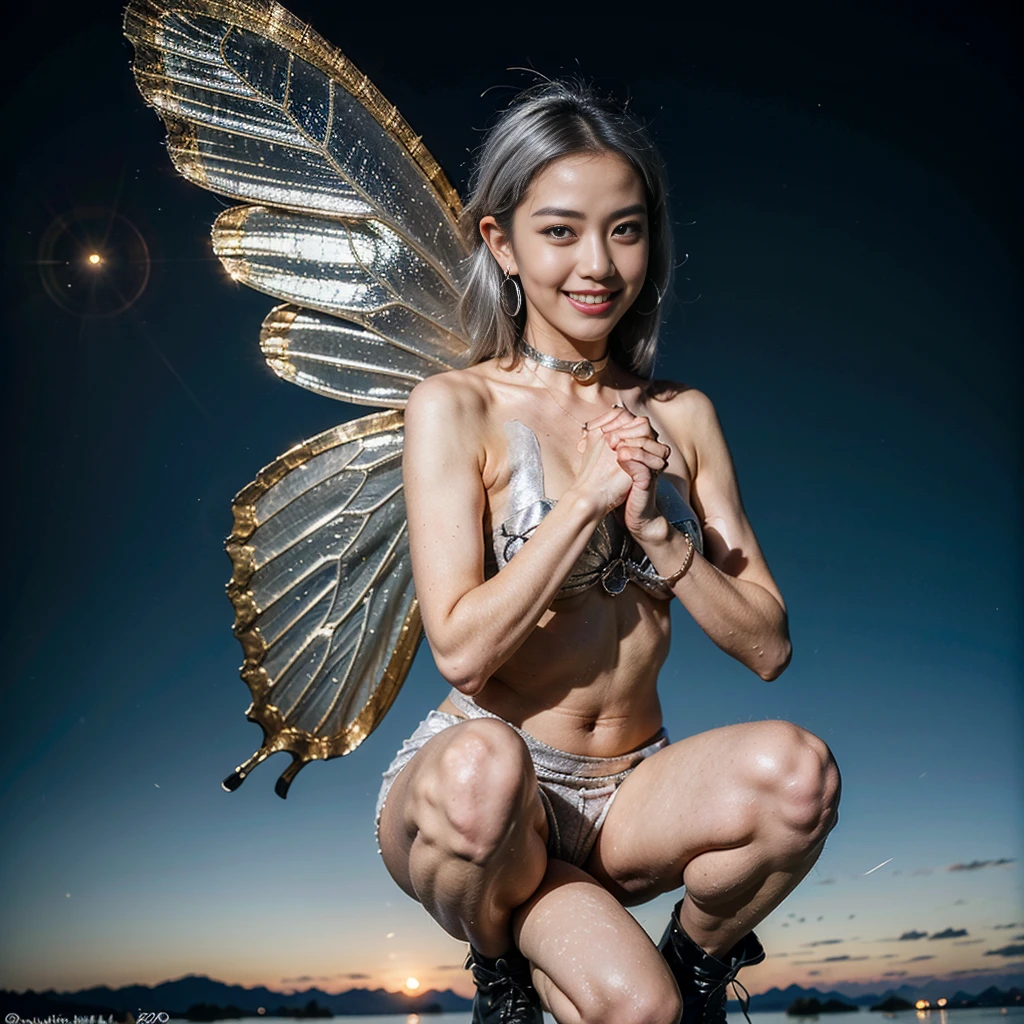 masterpiece, best quality, 1 asian girl, detailed beautiful face, (Floating on air:1.8), (Squatting with legs wide open:1.8), topless, nude, vagina focus, show vagina,(flat chest), (small breast), smiling, undressing, 28 year old, full body shot, sensual pose,  wearing glasses, female fairy, (pointy ears:1.4), (butterfly wings:1.4), (straight to shoulder silver hair:1.4), boots up to knees, gloves to arms, standing with legs wide open, satin choker, neckless, big hoop earrings, smile, front view.