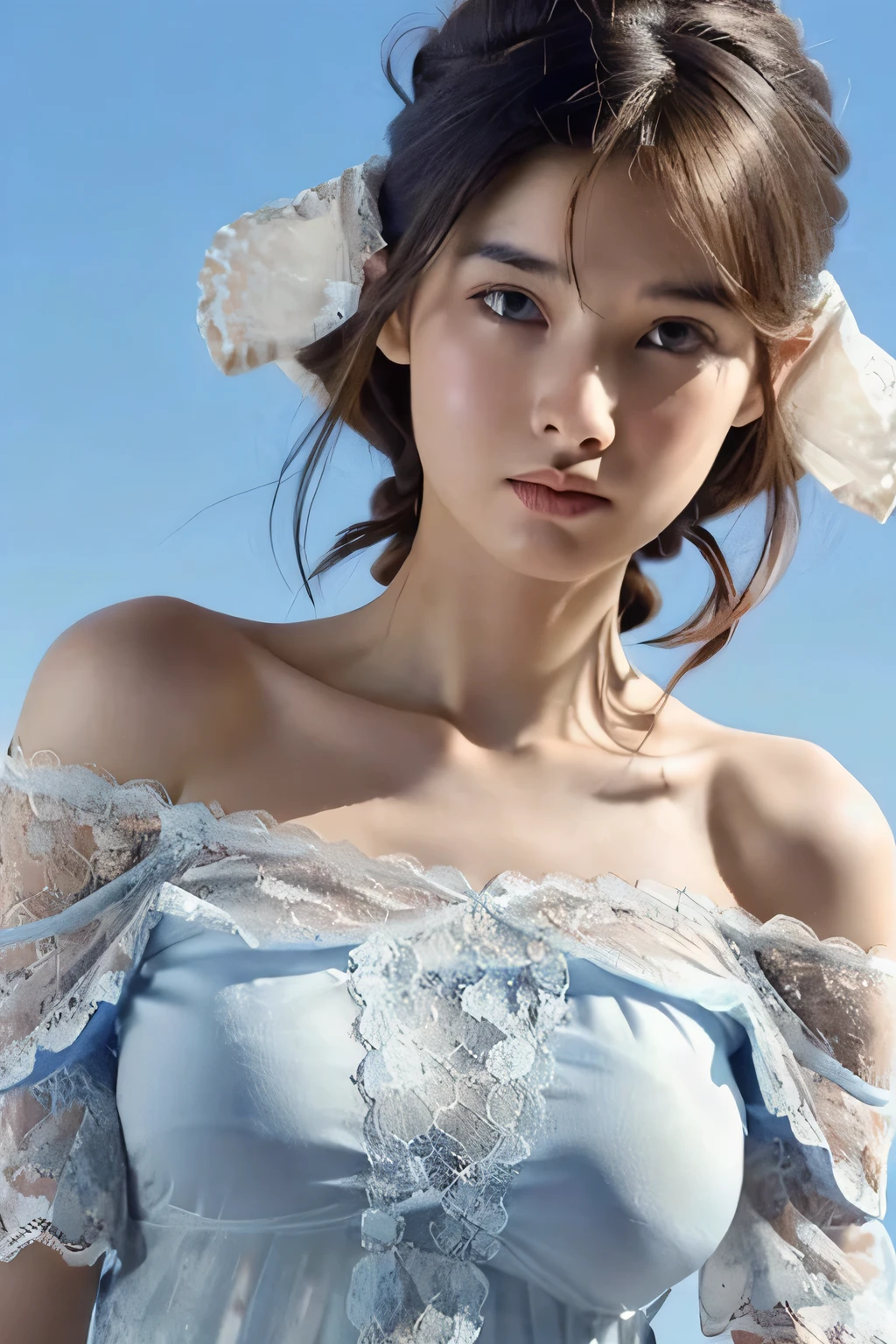 ((Highest quality, 8k, masterpiece: 1.3)), sharp: 1.2, Perfect Body Beauty: 1.6, ((Layered Hairstyles, Small breasts: 1.0)), (blue sky: 2.0), (White and light blue lace dress: 2.0), (A sheer off-the-shoulder dress: 2.0), ((long hair: 2.0)), ((necklace)), Earrings, ring, Bracelet, Hair Accessories, ((Beautiful young teenager woman)), ((Straight nose)), (Eyeliner), Armpit Hair, Bristles, ((White and beautiful skin)), Wavy Hair, Beautiful attention to detail, Super detailed, Highly detailed face and skin texture, fine grain, double eyelid, Black Hair, Big Ass, Lower Body, Thighs, (((Skinny))), Wet and shiny lips, (smile: 1.0), Get a grip on your body, ((Anatomically correct human body)), ((Crisp body shape)), Ribs, clavicle, Protruding skeleton, A face without nasolabial folds, Shyness, Thin eyebrows, Big eyes, (Narrow shoulders: 2.0), (Serious face: 1.0), White skin, Closed Mouth, (Belly button: 1.5), Unbroken jaw