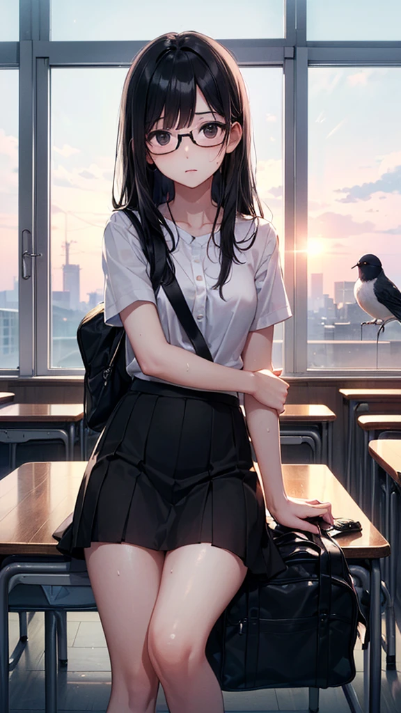 summer、Empty classroom、thick、Sweat、、high school girl、Student Bags、、Low length、、(((Long black hair:1.2　hair band)))(((Black-rimmed glasses:1.2　black eye)))、Backlight、evening、Nostalgic atmosphere、Look at this、bird&#39;S perspective、Full Shot、glamorous、loose socks、Checked mini skirt、Navy knit vest、Are standing、sneakers、Skirt Lift、Showing sexy panties、Flip up your skirt with both hands、avert your eyes、Visible from afar