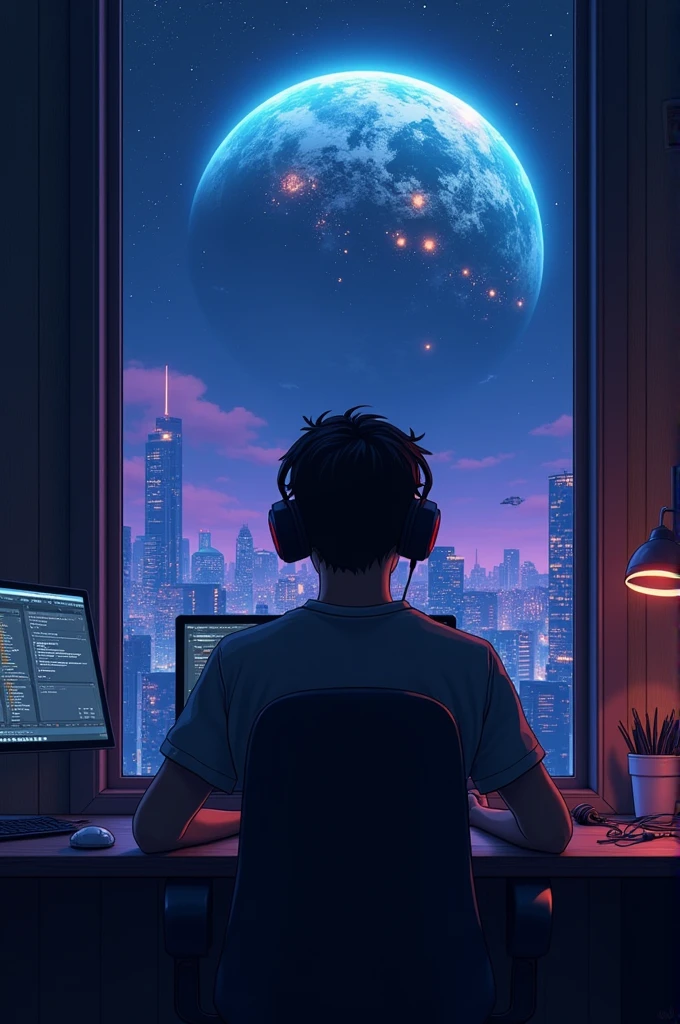 Back view of cool young man listening to music and programming in room, using headphones, Pol Makoto Shinkai e Ghibli Studio, Dramatic lighting, God&#39;s Perspective, Great quality, Dark Skin, Cone Fade、Space landscape with earth on top、creative、neon、Near future