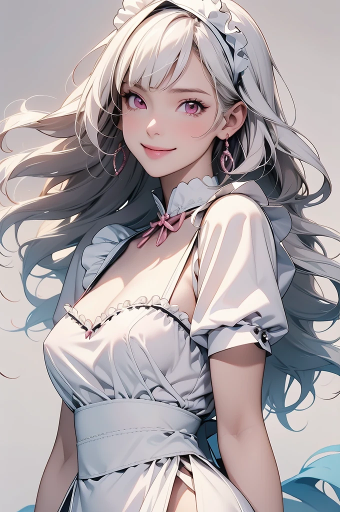 high resolution,smile,happy,light smile,woman,woman1人,adult,Clear,cute,
blunt bangs,White Hair,BREAK, Pink eyes,BREAK,wavy hair,long hair,BREAK, ((looking at viewer)),
Maid clothes,White Stockings,Frill headband,BREAK,Facing forward,BREAK,Pink background,
BREAK,