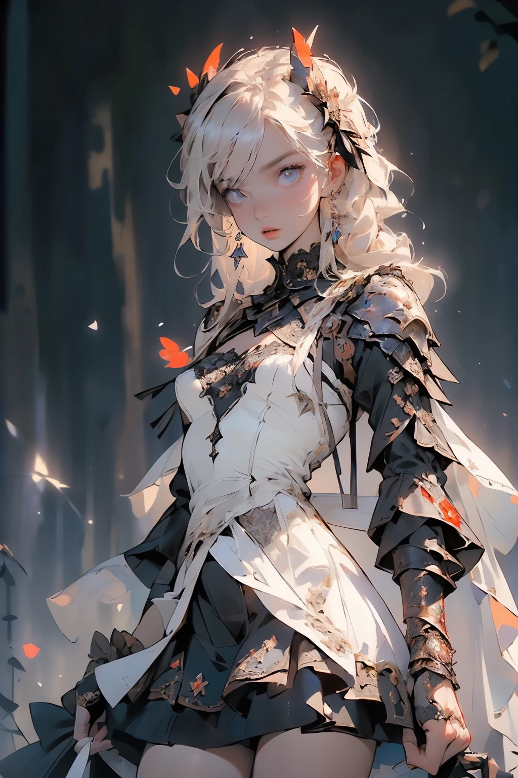 (((masterpiece, of the highest quality, super detailed))), (a female knight of an occult order), (an occult saint), (combat pose), (ready for combat), (resolved expression), (resolute expression), (((holding a sword that it is rapidly flickering in and out of reality))) ((glitch sword)), ((glitching sword blade)), (nier: automata), Edwardian/Victorian era inspired, ((minimal but intricate beautiful armour)), ((Fluttering lace flared dress with frilly petticoats)), ((((Highly detailed face))), (((Very sharp focused eyes))), very long eyelashes, (small breasts), (((flat chest:1.1))), occult aesthetic, (red and white clothing detailed and intricate steampunk and detailed gothic), (with a hood), complex lace boots, (full body)