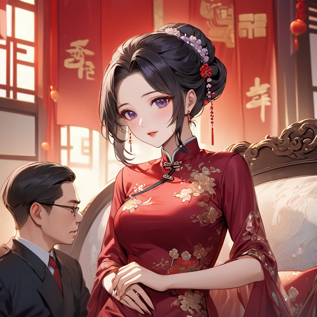((Highest quality)), ((masterpiece)), (detailed), （Perfect Face）、The woman is a Chinese woman named Kocho Shinobu.。, Purple gradient bob black hair and formal evening hairstyles. She is wearing an engagement ring. She is a prominent member of the Chinese Communist Party.、She is the honored wife of a great old Communist Party cadre.、The woman is beautifully dressed in a gorgeous and glamorous vintage red cheongsam, typical of the Chinese Communist Party.、An elegant Chinese lady in a posh room、A woman is a good wife and mother who loves her husband and devotes herself to him.