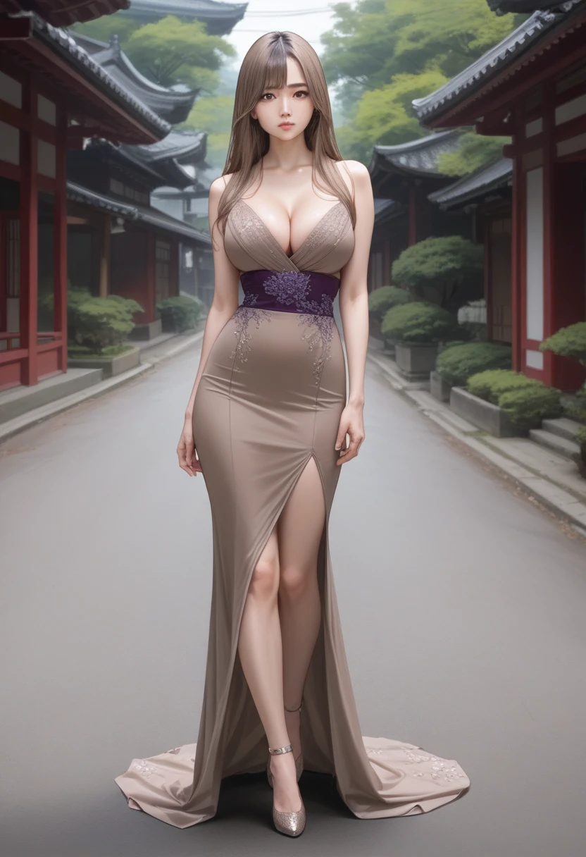 girl, solo, straight hair to the knees, long hair, looking at you, light brown contact lenses, symmetrical face, very long hair, full body, large breasts, ball shaped breasts, cleavage, tight waist, brown hair, kind looking Japanese, Japanese woman, five fingers, reality, walking downtown wearing a purple bodycon dress