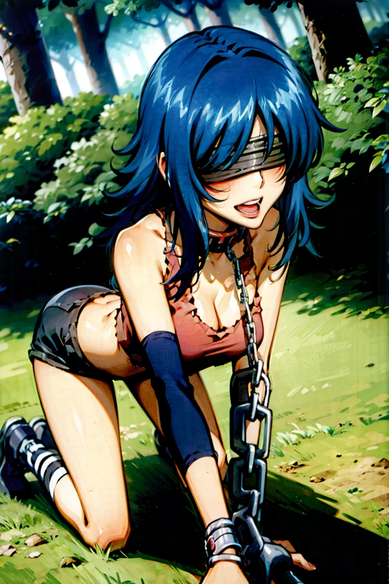 (((blindfold))), blue hair, long hair, messy hair, (((red tank top))), navel, bare shoulder, hair between eyes, straight hair, gleaming kin, oil skin, shiny skin, sweat, wet skin, large breasts, cleavage, (((hands on the ground, on all fours))), (((chain leash, viewer holding chain leash, animal collar, animal collar connected chain leash, pet play, collar, long chain leash))), ultra high res, open mouth, tongue out, stick out tongue, long tongue, full face blush, sexual ecstasy smile, fucked silly, vulgarity, 