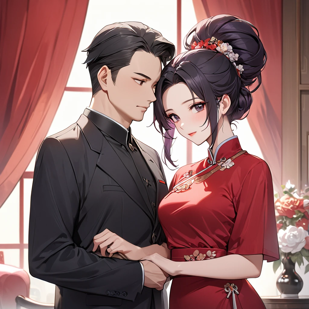 ((Highest quality)), ((masterpiece)), (detailed), （Perfect Face）、The woman is a Chinese woman named Kocho Shinobu.。, Purple gradient bob black hair and formal evening hairstyles. She is wearing an engagement ring. She is a prominent member of the Chinese Communist Party.、She is the honored wife of a great old Communist Party cadre.、The woman is beautifully dressed in a gorgeous and glamorous vintage red dress typical of the Chinese Communist Party.、An elegant Chinese lady in a posh room、A woman is a good wife and mother who loves her husband and devotes herself to him.