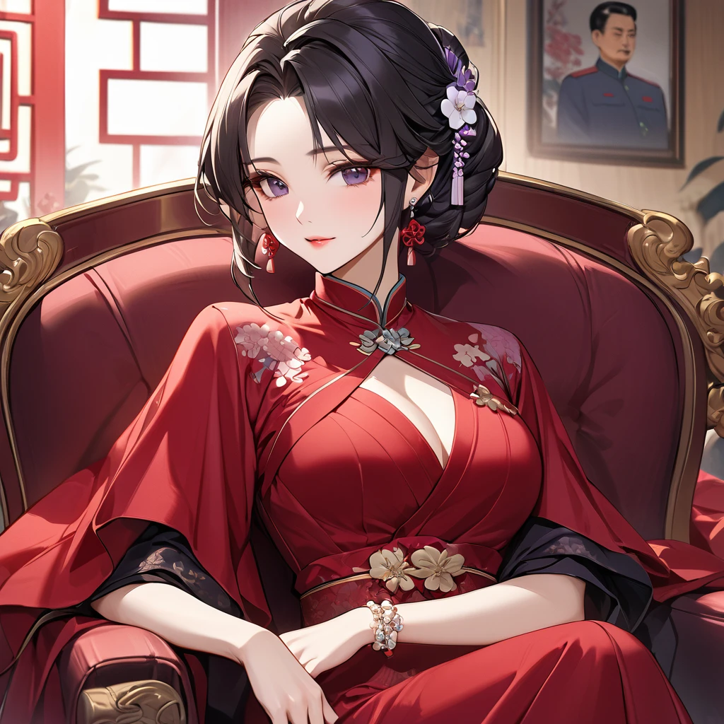 ((Highest quality)), ((masterpiece)), (detailed), (Perfect Face)、The woman is a Chinese woman named Kocho Shinobu.。, Purple gradient bob black hair and formal evening hairstyles. She is wearing an engagement ring. She is a prominent member of the Chinese Communist Party.、She is the honored wife of a great old Communist Party cadre.、The woman is beautifully dressed in a gorgeous and glamorous vintage red dress typical of the Chinese Communist Party.、An elegant Chinese lady in a posh room、A woman is a good wife and mother who loves her husband and devotes herself to him.