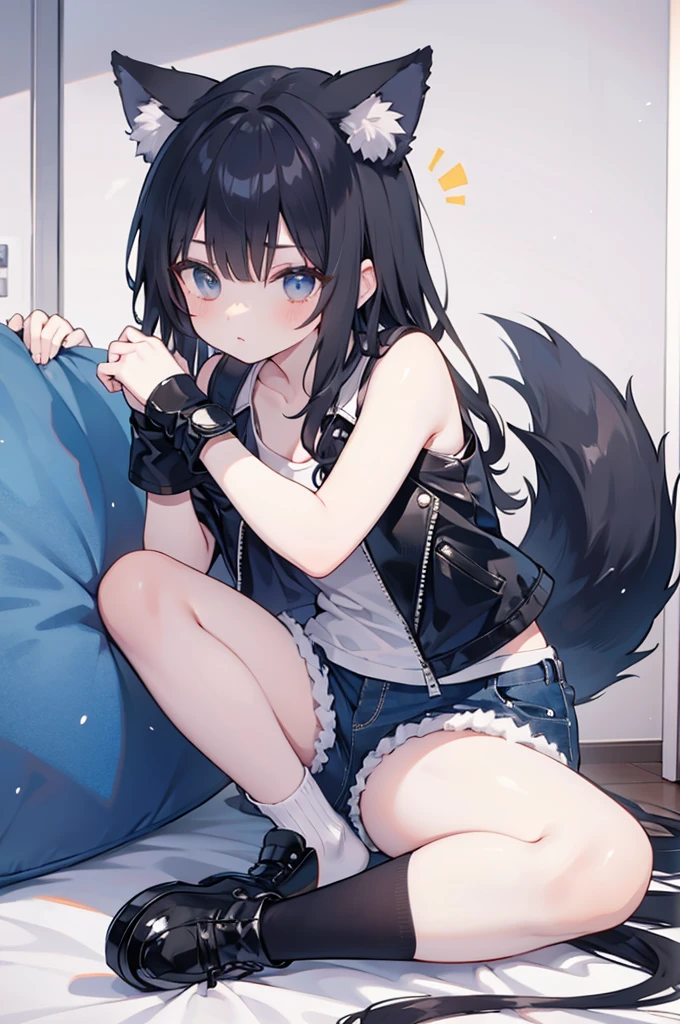 anime style,1person,fenrir shota,long hair,black hair,cute girlish boy,wolf ear and tail,young pretty boy,fluffy very micro shorts,tank-top under leather jacket,socks,cute,