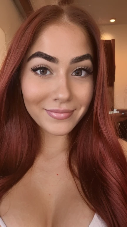 23 year old redhead woman close up selfie, Red string bikini, smiling eyes, smiling cheeks, smiling eyebrows, Hypertrichosis of the eyebrows, wide and cunning duck face, super thick eyelashes, super long eyelashes, Hair extensions, looking directly at camera, interior background,