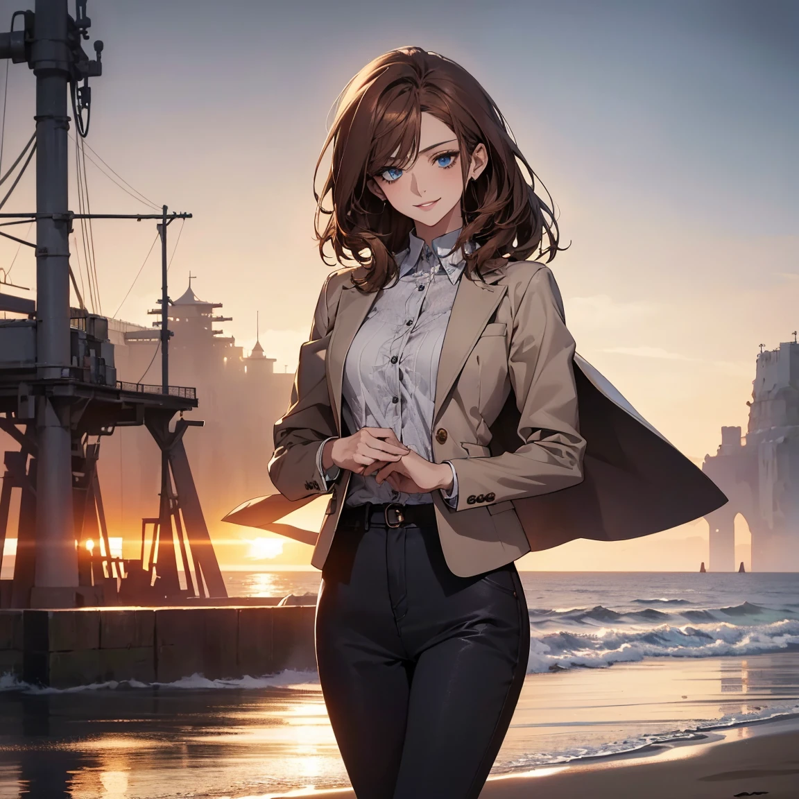 (Highest quality,High resolution,Very detailed),1 girl, Beautiful and elegant light blue eyes, Brown Hair, Cold Smile,Bob Hair, Jacket,skinny pants, Mature Woman, Age 26,Cruel smile, Calm and Calm, Slim figure, Pale complexion, thin, Calm,Small breasts, secretary,Seaside at dawn