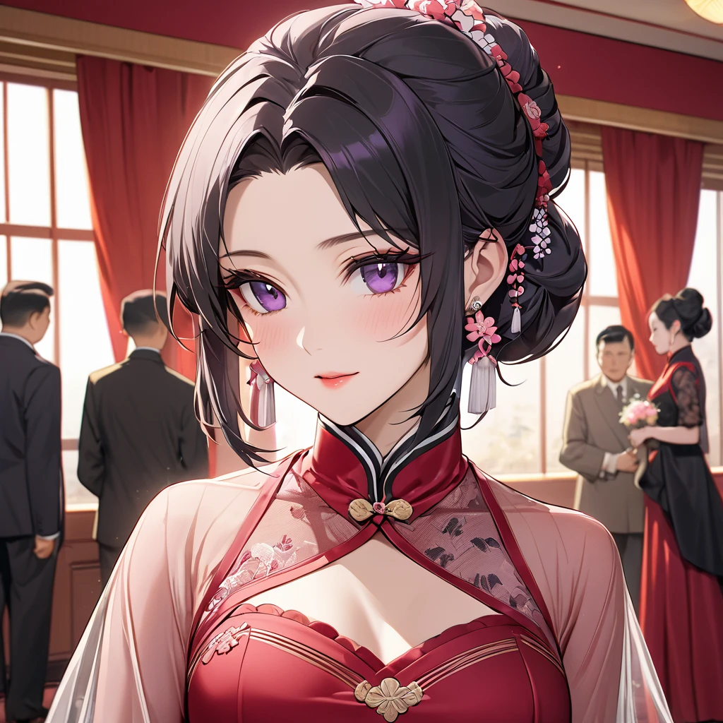((Highest quality)), ((masterpiece)), (detailed), （Perfect Face）、The woman is a Chinese woman named Kocho Shinobu.。, Purple gradient bob black hair and formal evening hairstyles. She is wearing an engagement ring. She is a prominent member of the Chinese Communist Party.、She is the honored wife of a great old Communist Party cadre.、The woman is beautifully dressed in a gorgeous, glamorous red see-through nightgown typical of the Chinese Communist Party.、An elegant Chinese lady in a posh room、A woman is a good wife and mother who loves her husband and devotes herself to him.