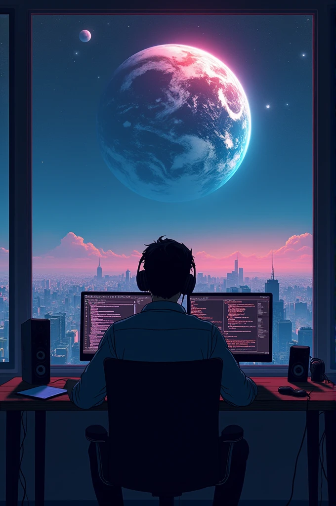 Back view of cool man listening to music and programming in room, using headphones, Pol Makoto Shinkai e Ghibli Studio, Dramatic lighting, God's Perspective, Great quality, Dark Skin, Cone Fade、Space landscape with earth on top、creative、neon、Near future