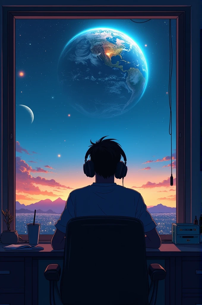 Back view of cool man listening to music and programming in room, using headphones, Pol Makoto Shinkai e Ghibli Studio, Dramatic lighting, God&#39;s Perspective, Great quality, Dark Skin, Cone Fade、Space landscape with earth on top、creative、neon、Near future