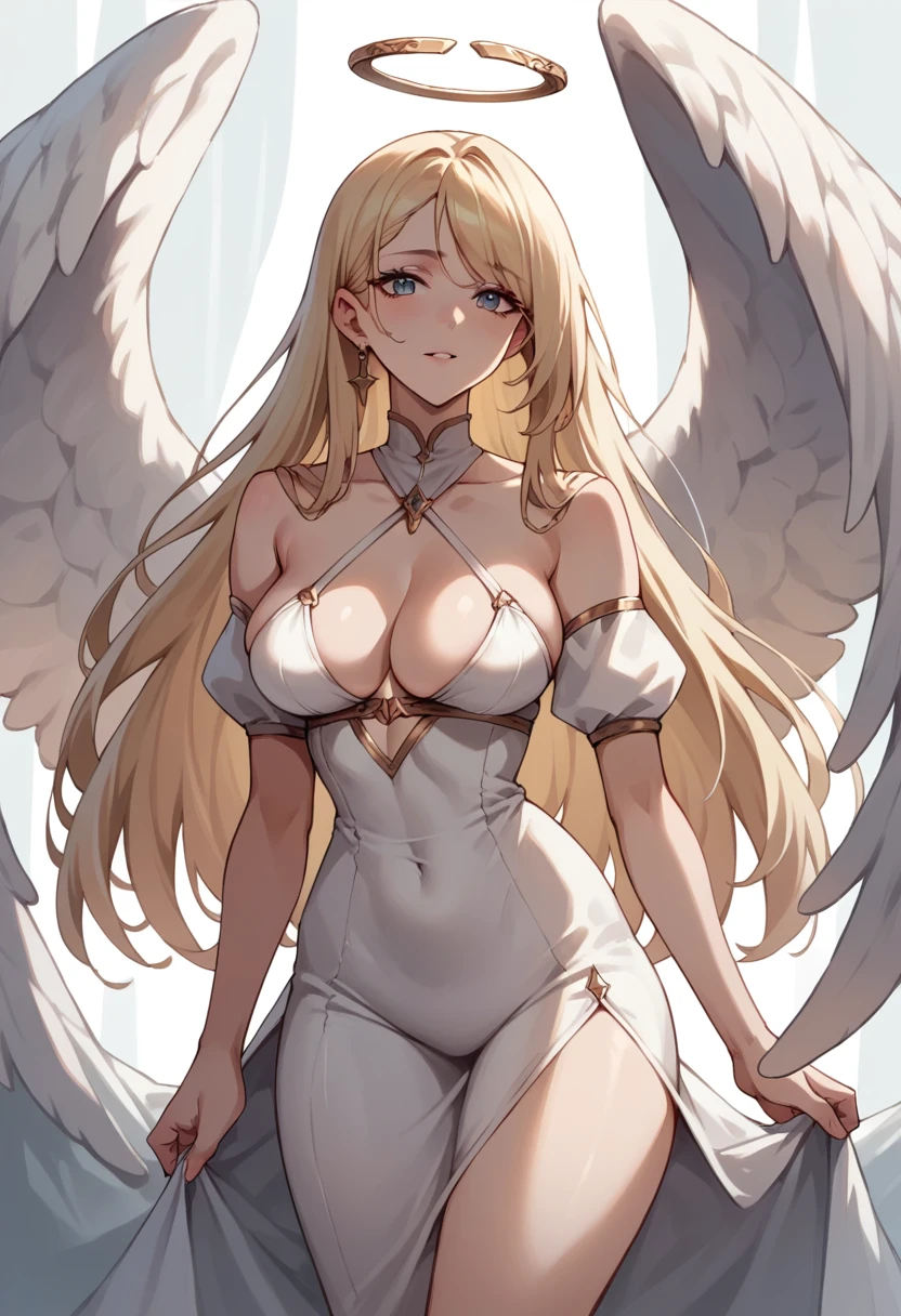 sexy long hair big tits white dress angel sky clouds