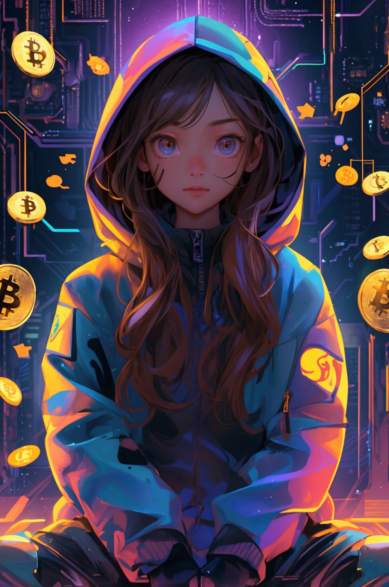 Create a beautifully detailed image featuring a cute girl in r. The girl should be wearing a hoodie and cargo pants, in a dynamic pose, with the Bitcoin symbol glowing on her face. The background should include digital circuits and floating cryptocurrency symbols. The overall theme and style of the image should be preserved exactly, maintaining the artistic style, rich details, and vibrant lighting