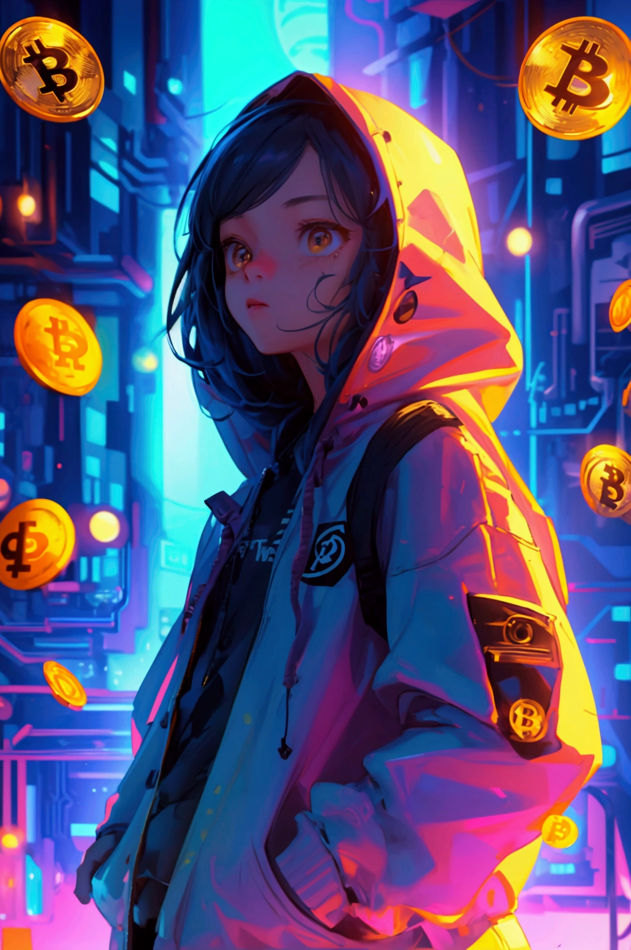 Create a beautifully detailed image featuring a cute girl in r. The girl should be wearing a hoodie and cargo pants, in a dynamic pose, with the Bitcoin symbol glowing on her face. The background should include digital circuits and floating cryptocurrency symbols. The overall theme and style of the image should be preserved exactly, maintaining the artistic style, rich details, and vibrant lighting