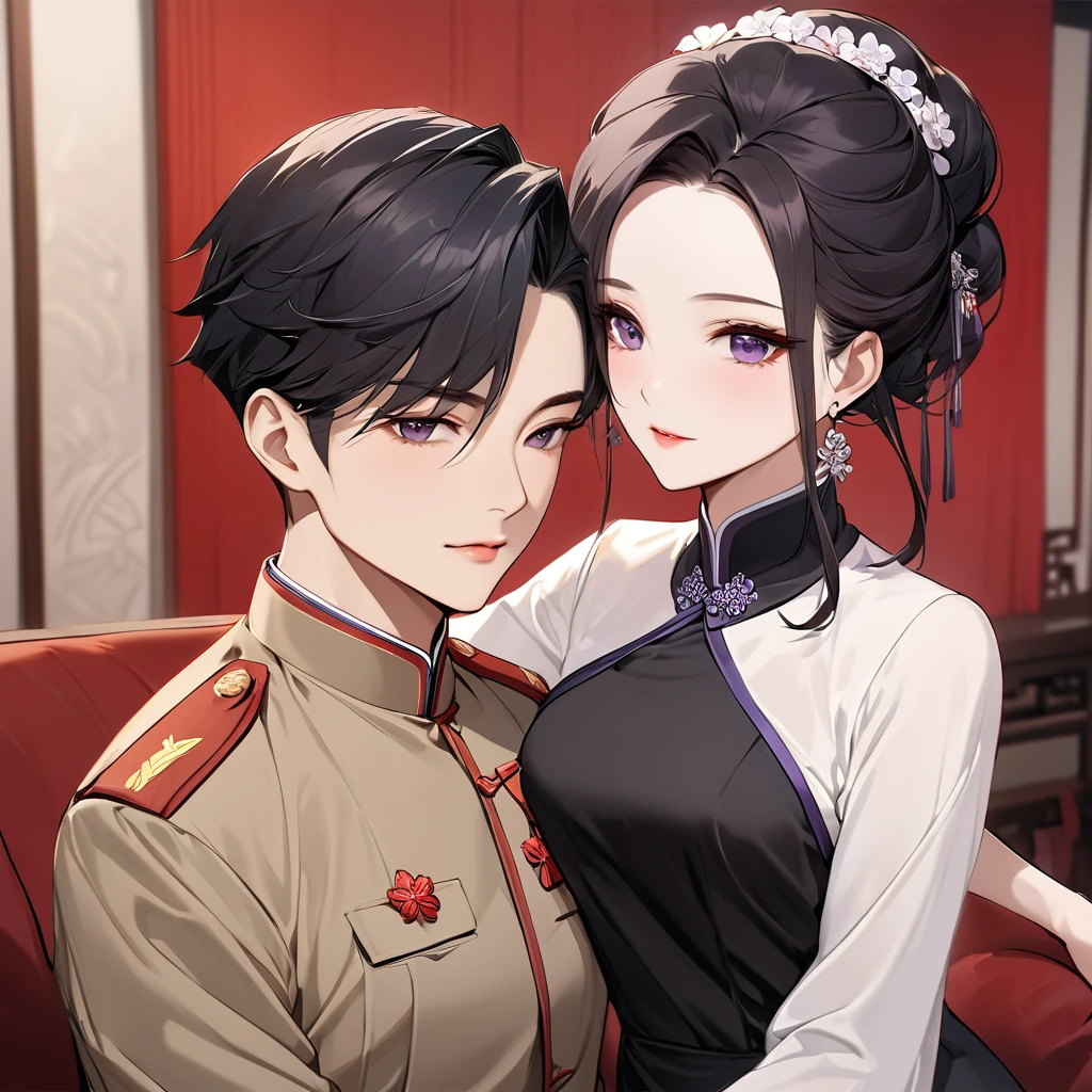 ((Highest quality)), ((masterpiece)), (detailed), （Perfect Face）、The woman is a Chinese woman named Kocho Shinobu.。, Purple gradient bob black hair and formal evening hairstyles. She is wearing an engagement ring. She is a prominent member of the Chinese Communist Party.、She is the honored wife of a great old Communist Party cadre.、Women are beautifully dressed in the khaki Mao suits of the Chinese Communist Party、An elegant Chinese lady in a posh room、A woman is a good wife and mother who loves her husband and devotes herself to him.