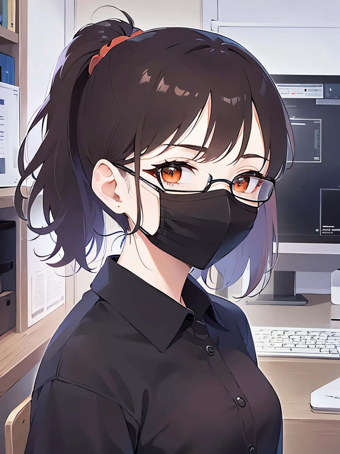 plastic frame eyewear、( mouth mask:1.1), masterpiece、Highest quality、 ,BREAK (25-year-old woman) and (brown hair) and (low ponytail) and (orange eyes) BREAK、black polo shirt、Are standing、The background is the office、The upper body is shown、Alone、