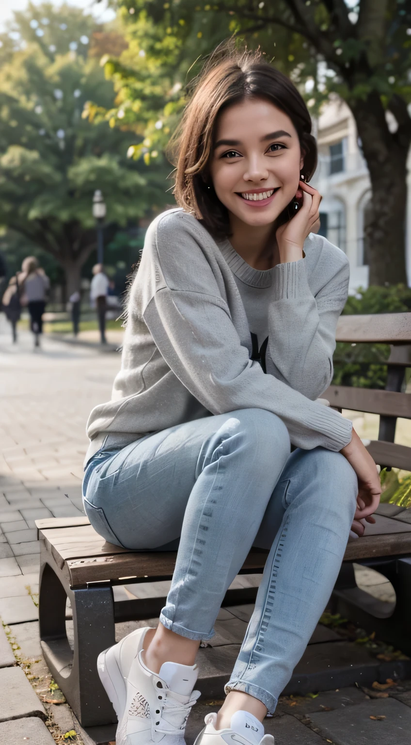 A girl is sitting on a bench in the park、 Full body photo、,Short Haircut、 smile、Beautiful teeth alignment、Ear piercing、Grey sweater, Skinny jeans、 Wearing sneakers,, High resolution, detailed, Realistic,High detailed