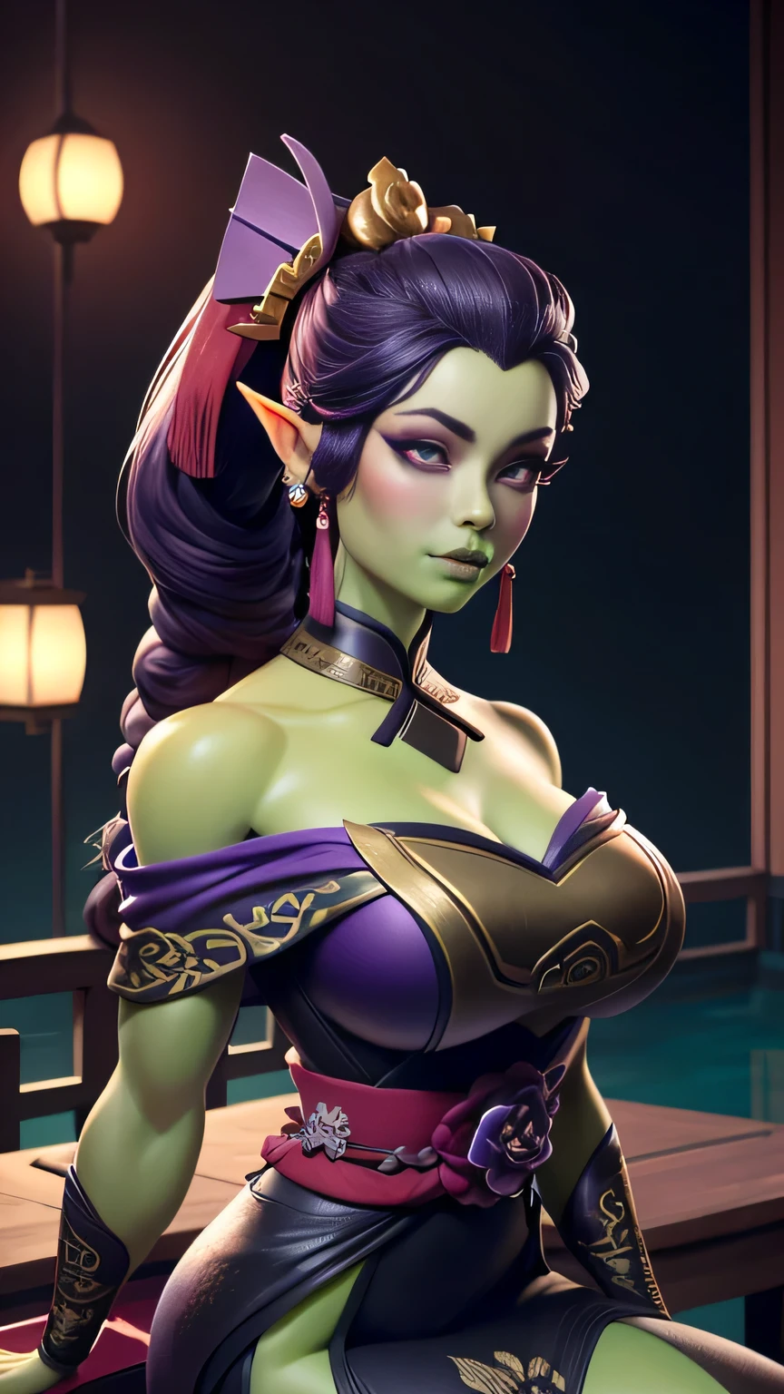 photo of beautiful Orc, RAW, beautiful woman, (portrait), (detailed Kawaii face, purple eyes:1.2),  (detailed green skin, glossy green lips, clear green skin), (Long dark purple braided hair), (perfect proportioned body, Strong, muscular, narrow waist, narrow hips, skinny, large breasts), (sitting in a chinese garden, koi pond, wearing a intricate falling off the shoulder geisha dress, full length geisha dress), (realistic photo, best quality, detailed), (8k wallpaper), (cinematic lighting, beautiful light, (day:1.3)) (sharp focus, intricate)