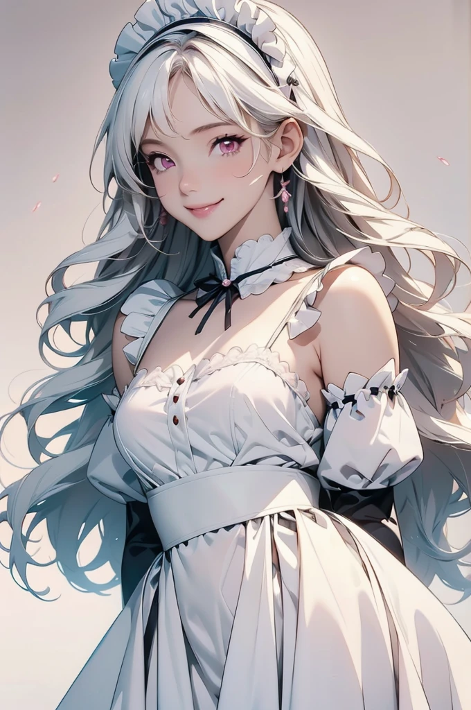 high resolution,smile,happy,light smile,woman,woman1人,adult,Clear,cute, blunt bangs,White Hair,BREAK, Pink eyes,BREAK,wavy hair,long hair,BREAK, ((looking at viewer)), Maid clothes,White Stockings,Frill headband,BREAK,Facing forward,BREAK,Pink background, BREAK,