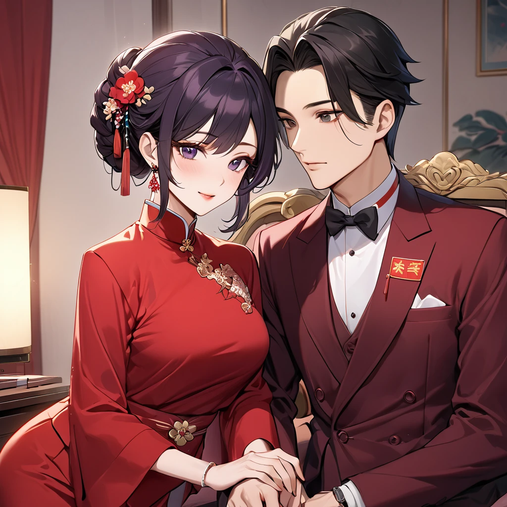 ((Highest quality)), ((masterpiece)), (detailed), (Perfect Face)、The woman is a Chinese woman named Kocho Shinobu.。, Purple gradient bob black hair and formal evening hairstyles. She is wearing an engagement ring. She is a prominent member of the Chinese Communist .、She is the honored wife of a great old Communist Partye.、The woman is beautifully dressed in a gorgeous red formal suit, typical of the Chinese Communist Party.、An nt Chinese lady in a posh room、A woman is a good wife and mother who loves her husband and devotes herself to him.