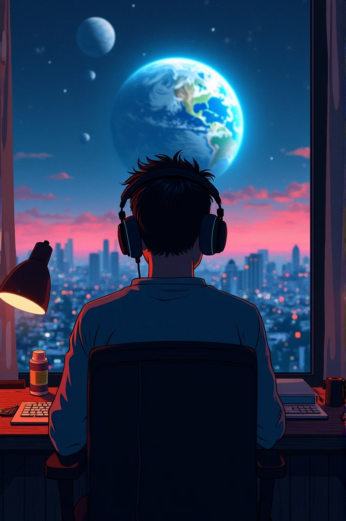 Back view of cool man listening to music and programming in room, using headphones, Pol Makoto Shinkai e Ghibli Studio, Dramatic lighting, Great quality, Dark Skin, Cone Fade、Space landscape with earth on top、creative、neon、Near future, realistic
