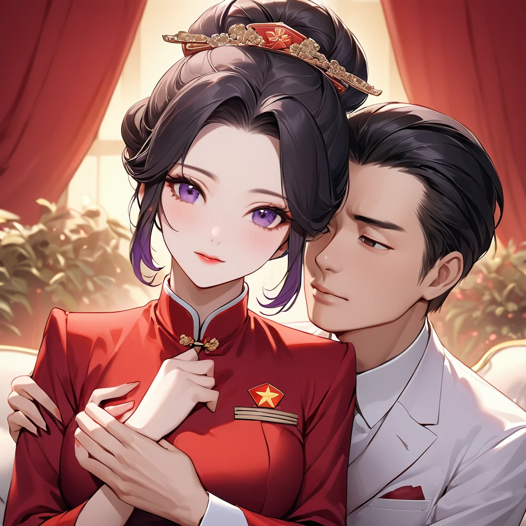 ((Highest quality)), ((masterpiece)), (detailed), （Perfect Face）、The woman is a Chinese woman named Kocho Shinobu.。, Purple gradient bob black hair and formal evening hairstyles. She is wearing an engagement ring. She is a prominent member of the Chinese Communist Party.、She is the honored wife of a great old Communist Party cadre.、The woman is beautifully dressed in the gorgeous and glamorous red Communist Party uniform that is typical of the Chinese Communist Party.、An elegant Chinese lady in a posh room、A woman is a good wife and mother who loves her husband and devotes herself to him.