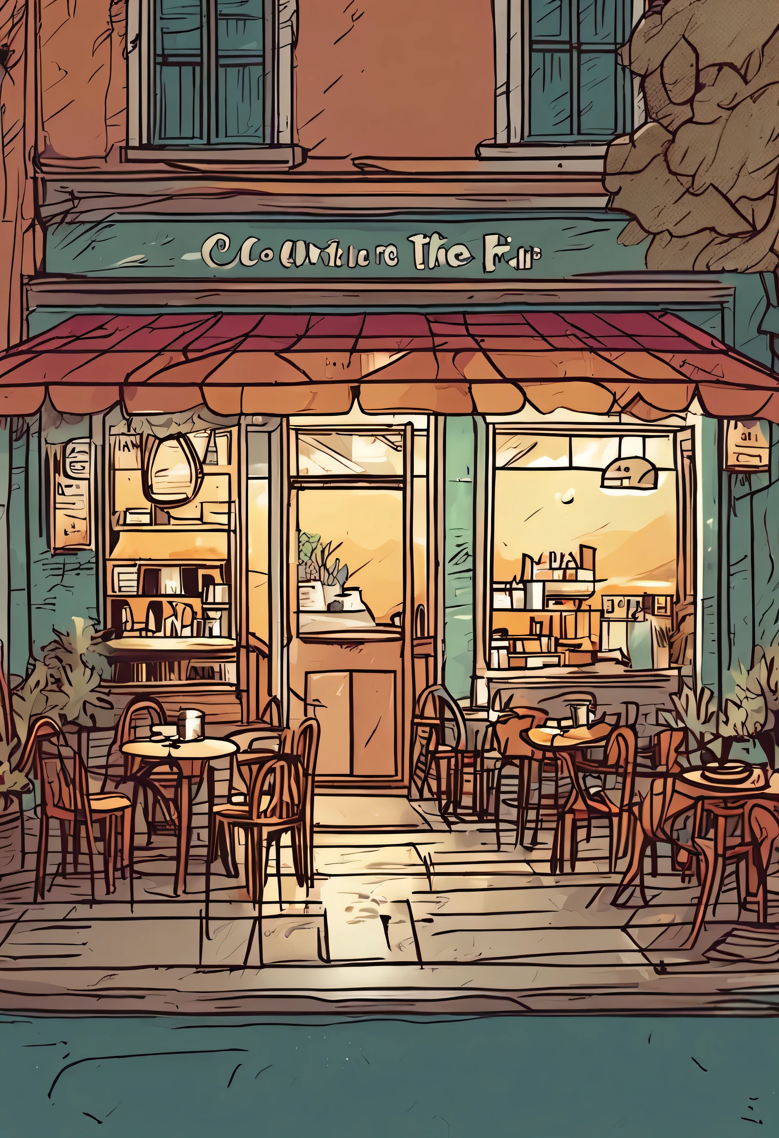 Fashionable Cafe、The warmth of wood、at home、friendly atmosphere、Pavement、The aroma of coffee wafts through the air、Implications、Hand Painted、Front view、Inside the restaurant