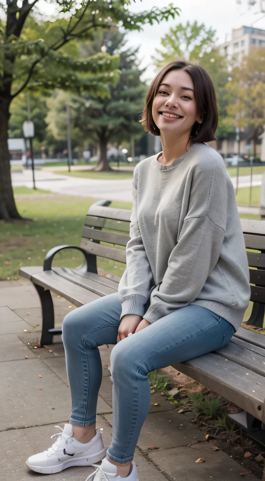 A girl is sitting on a bench in the park、 Full body photo、,Short Haircut、 smile、Beautiful teeth alignment、Ear piercing、Grey sweater, Skinny jeans、 Wearing sneakers,, High resolution, detailed, Realistic,High detailed