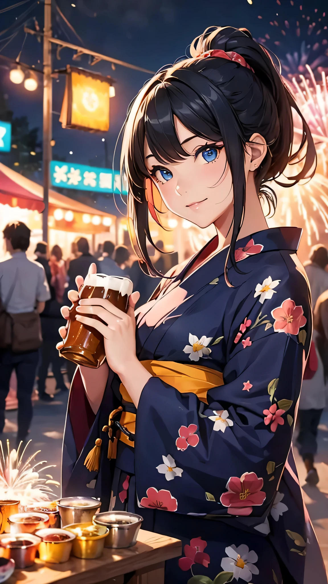 最high quality、Best image quality、masterpiece、With a girl((cute、20-year-old、Best Bust、Medium Bust、Beautiful Blue Eyes、Spread your chest wide,Black Hair、ponytail、Disheveled Hair、thin、Highest Valley、Red yukata、smile、Beer を持つ)）high quality、Beautiful art、background((night、festival、stall、Fireworks、Beer )),Tabletop、Exquisite design、Visual Arts、Written boundary depth、Best lighting、Highest detail、8ｋ