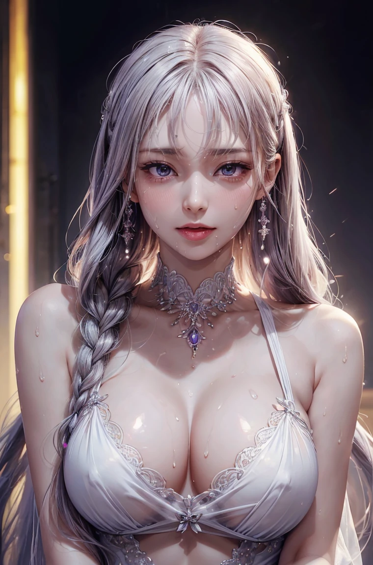 masterpiece, 1 beautiful girl, Delicate eyes,  y, (Ecstatic face), (Purple eyes), Beautiful face in every detail,(High resolution detail of human skin texture), (Black long hair), break,(Felstures:1.2), (Open your mouth:1.2),tongue,(Sweat:1.5) Purebred face_v1, Top quality, Ultra high resolution, (Reality: 1.4), Japanese, Korean, very beautiful, Beautiful skin, slim, (超Reality), (high resolution), (8K), (Very detailed), Delicate face, Bright Lights, Professional lighting, Looking at the audience, Face straight ahead, White backless see-through dress,big nipples, PlHair, Long hair，hair tied back, , tiny braids, Bangs，hair accessories，