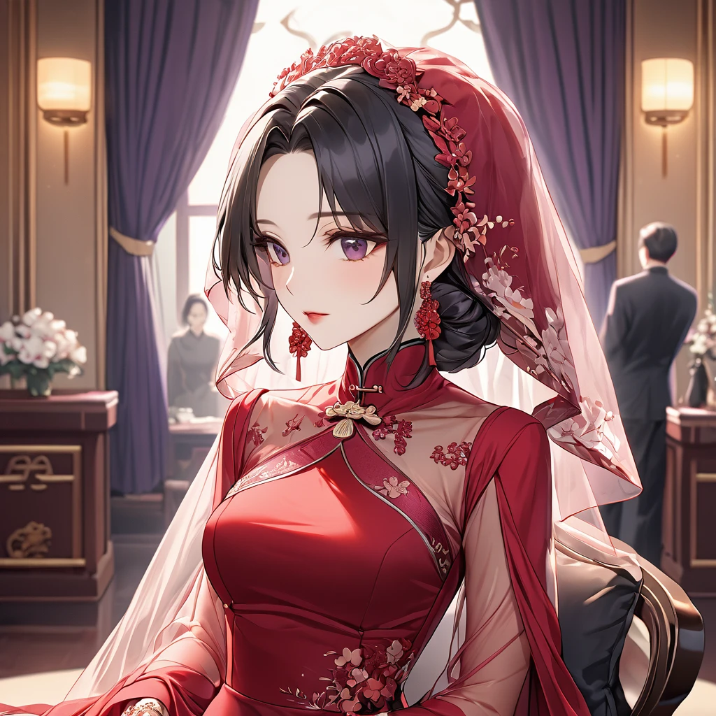 ((Highest quality)), ((masterpiece)), (detailed), (Perfect Face)、The woman is a Chinese woman named Kocho Shinobu.。, Purple gradient bob black hair and formal evening hairstyles. She is wearing an engagement ring. She is a prominent member of the Chinese Communist Party.、She is the honored wife of a great old Communist Party cadre.、The woman is beautifully dressed in a gorgeous, almost see-through red dress and a see-through red veil.、An elegant Chinese lady in a posh room、A woman is a good wife and mother who loves her husband and devotes herself to him.