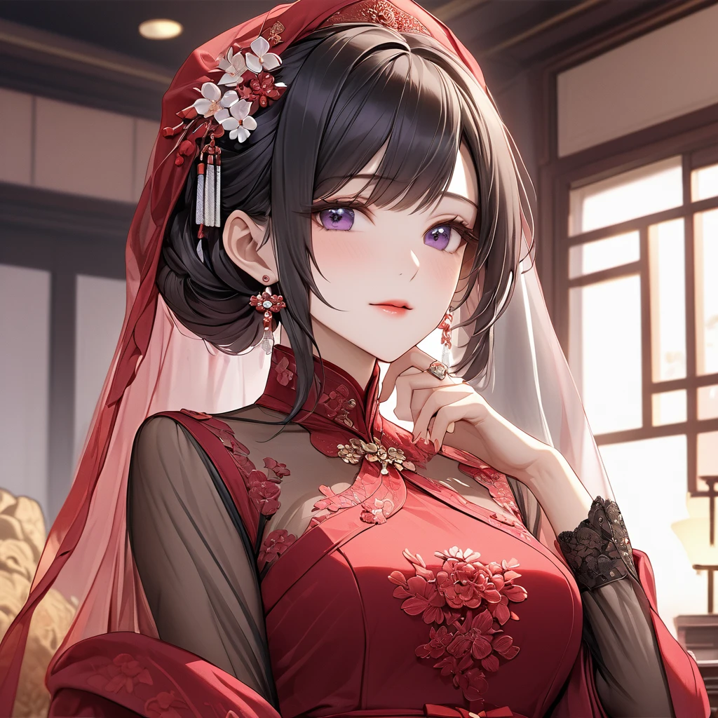 ((Highest quality)), ((masterpiece)), (detailed), (Perfect Face)、The woman is a Chinese woman named Kocho Shinobu.。, Purple gradient bob black hair and formal evening hairstyles. She is wearing an engagement ring. She is a prominent member of the Chinese Communist Party.、She is the honored wife of a great old Communist Party cadre.、The woman is beautifully dressed in a gorgeous, almost see-through red dress and a see-through red veil.、An elegant Chinese lady in a posh room、A woman is a good wife and mother who loves her husband and devotes herself to him.
