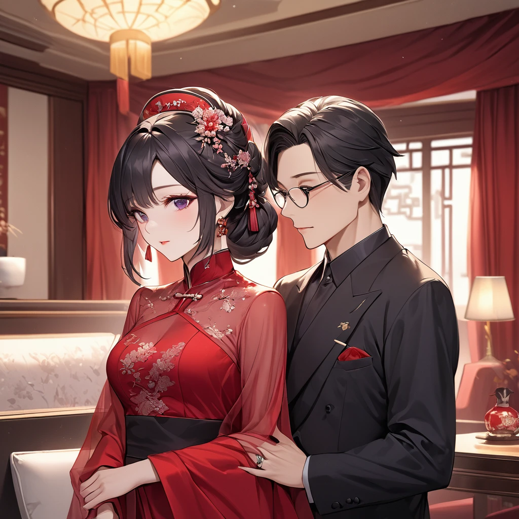 ((Highest quality)), ((masterpiece)), (detailed), （Perfect Face）、The woman is a Chinese woman named Kocho Shinobu.。, Purple gradient bob black hair and formal evening hairstyles. She is wearing an engagement ring. She is a prominent member of the Chinese Communist Party.、She is the honored wife of a great old Communist Party cadre.、The woman is beautifully dressed in a gorgeous, almost see-through red dress and a see-through red veil.、An elegant Chinese lady in a posh room、A woman is a good wife and mother who loves her husband and devotes herself to him.