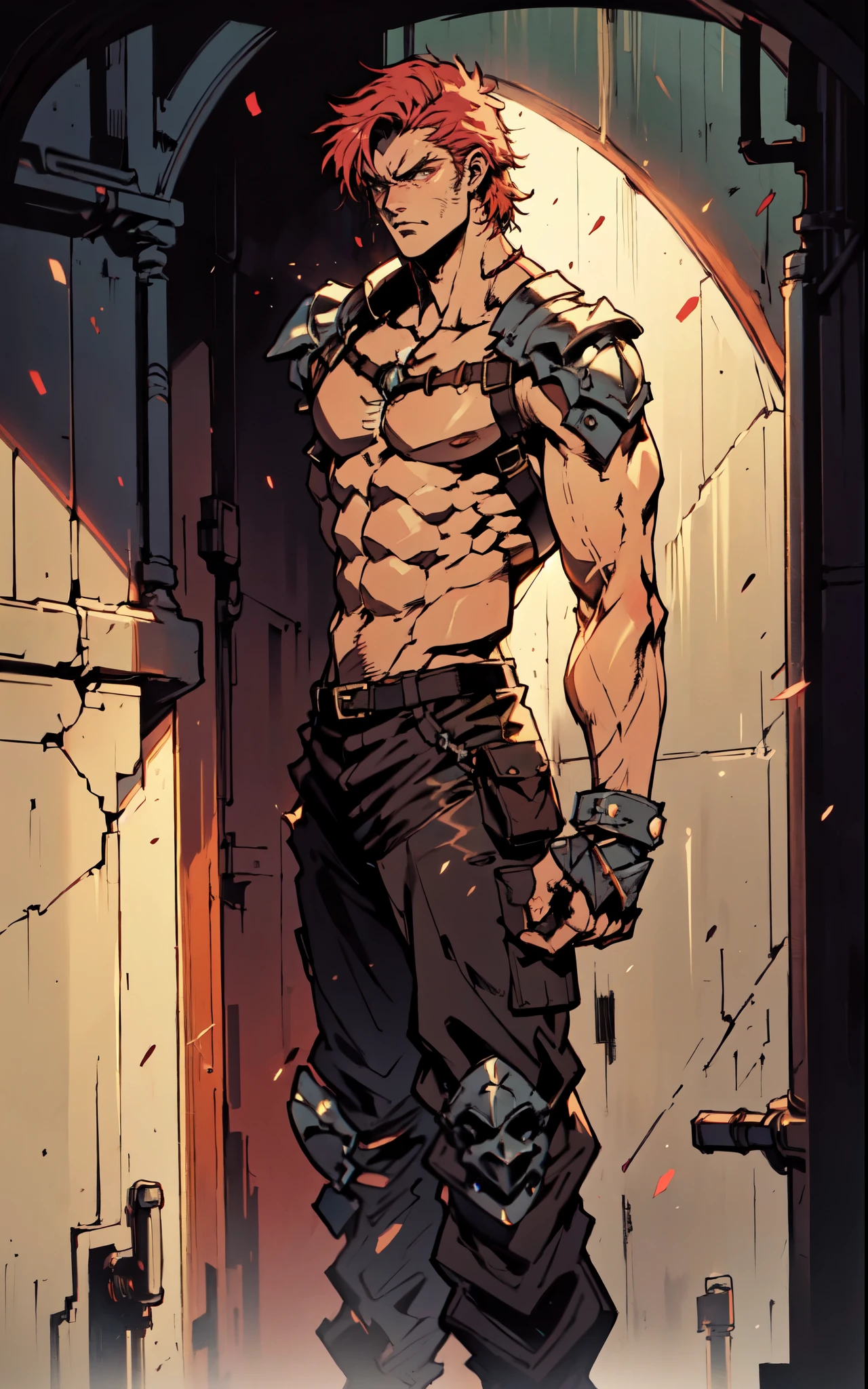 (masterpiece:1.2, best quality:1.2, extremely delicate:1.2), ((male:1.5)), a man with spiky short orange-red hair, side-parted bangs, a calm gaze, a faint smile, a mature and handsome face, dark skin, a tall and muscular build, a bare upper body, several strips of leather armor wrapped around his left shoulder and chest, wrist guards, loose beige cargo pants, standing in a massive circular arena, this character embodies a finely crafted fantasy-realist style gladiator in anime style, exquisite and mature manga art style, dramatic, high definition, highres, ultra-detailed, ultra-fine painting, professional, perfect body proportions, golden ratio, anatomically correct, symmetrical face, extremely detailed eyes and face, high quality eyes, creativity, RAW photo, UHD, 32k, Natural light, cinematic lighting, (masterpiece-anatomy-perfect:1.2)