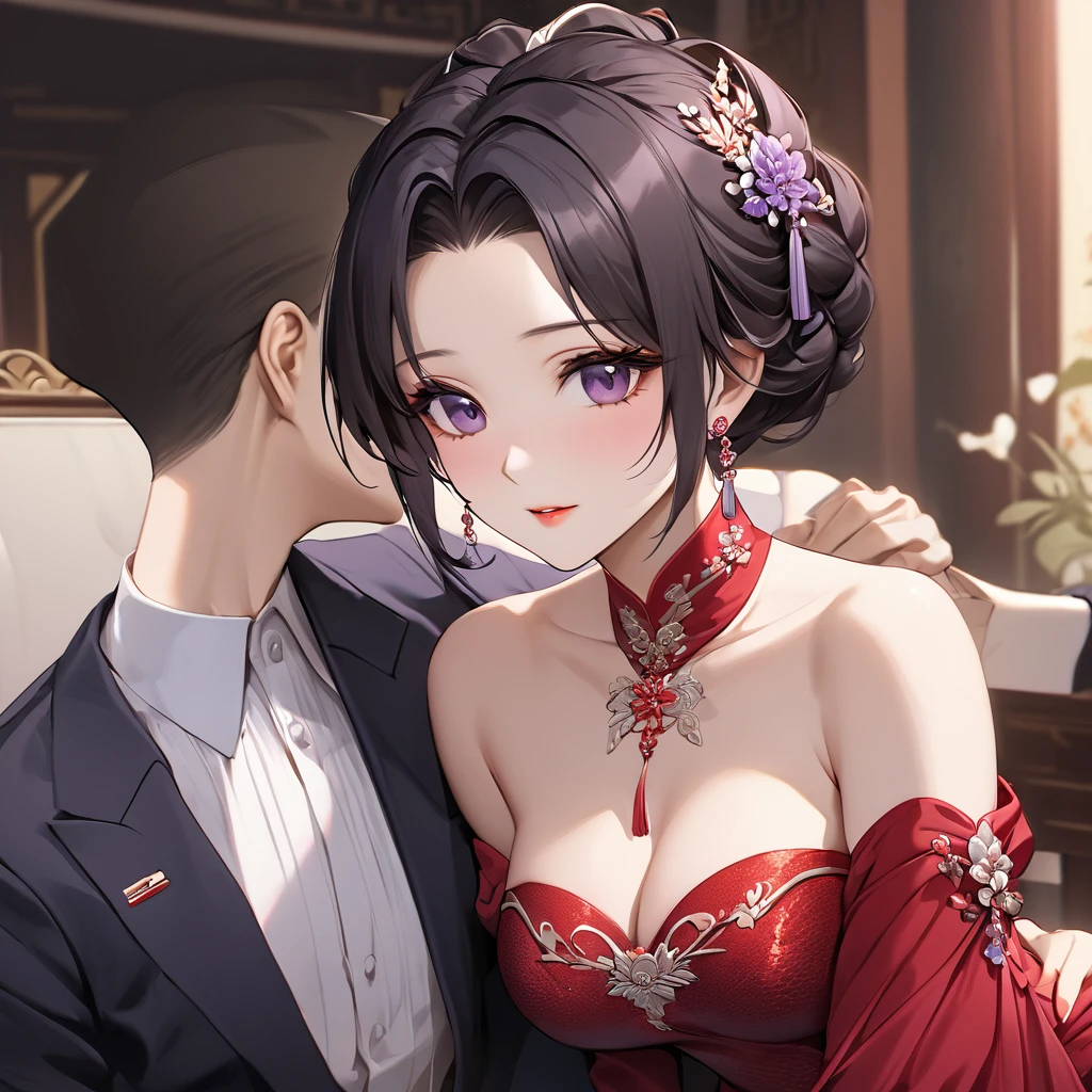 ((Highest quality)), ((masterpiece)), (detailed), （Perfect Face）、The woman is a Chinese woman named Kocho Shinobu.。, Purple gradient bob black hair and formal evening hairstyles. She is wearing an engagement ring. She is a prominent member of the ???????????????????????.、She is the honored wife of a great old ??????????????? cadre.、The woman is beautifully dressed in a gorgeous and glamorous red mermaid party dress、An elegant Chinese lady in a posh room、A woman is a good wife and mother who loves her husband and devotes herself to him.
